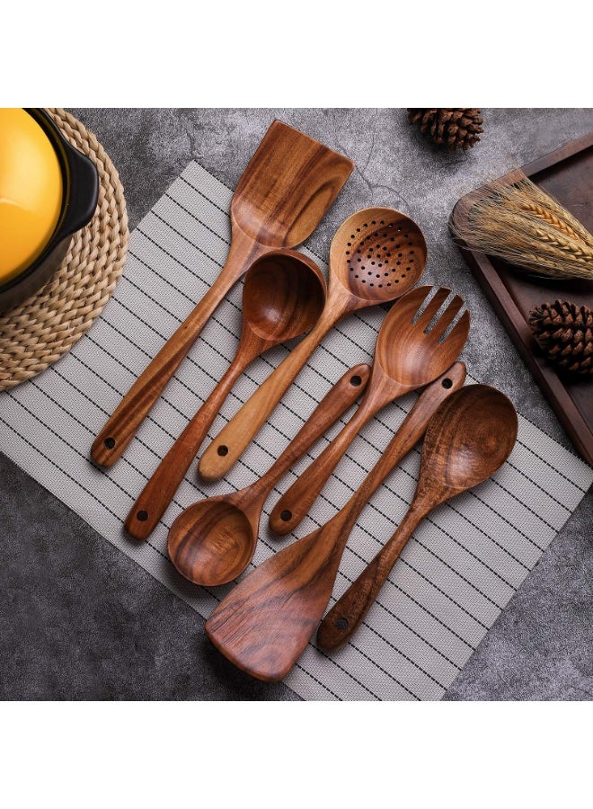 Wooden Non-Stick Kitchen Pan Toolset 7 Pieces Set,100% Natural Teak Kitchen Utensils Spatula, Wooden Cooking Utensils Spoons, Fried Spatula and Salad Fork - Image 3